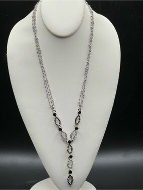 Cookie Lee Silver Tone Chain Dangle Black Clear Crystal Rhinestone Necklace